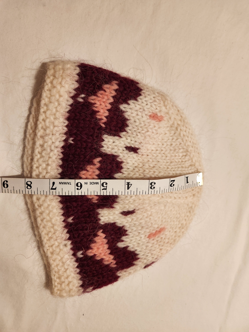 Hand Knit Icelandic 100% Wool Beanie Cream Burgundy Pink Women’s - Picture 4 of 6